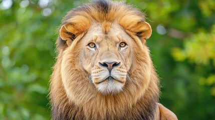 Fototapeta premium A majestic lion with a thick golden mane looking straight into the camera, set against a vibrant green natural backdrop that highlights its regal presence.