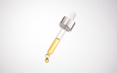 Golden cosmetics liquid dropper and liquid drop, 3d rendering.