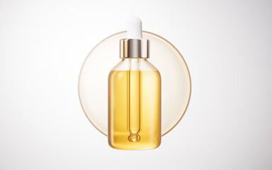 Golden cosmetics liquid bottle and liquid bubbles, 3d rendering.