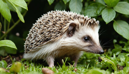 Naklejka premium A hedgehog foraging for food in a lush garden.