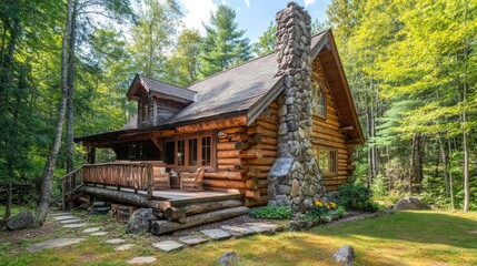 A charming log cabin with a stone chimney nestled amongst lush green trees.