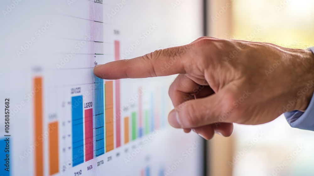 Poster hand pointing at a bar graph on a computer monitor
