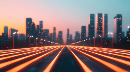 Fototapeta premium Urban skyline at sunset with illuminated road lines creating depth