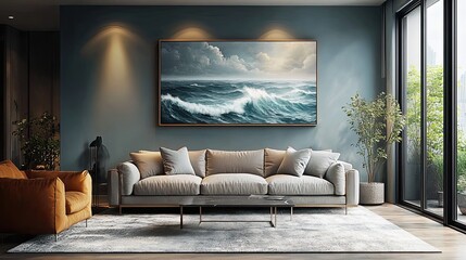 The raging ocean storm with foamy waves rolling ashore reflects the power of nature, illustrated in an oil painting style for stunning interior poster