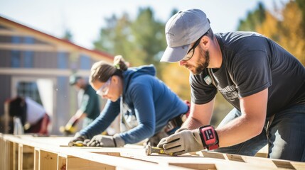 measuring volunteers building house
