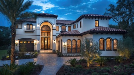 A beautiful, white, Mediterranean style home with a palm tree in the front yard.  The home is illuminated with soft light at dusk.