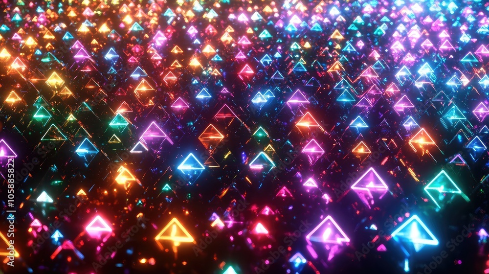 Poster a vibrant and colorful abstract background with a pattern of glowing neon pyramids.