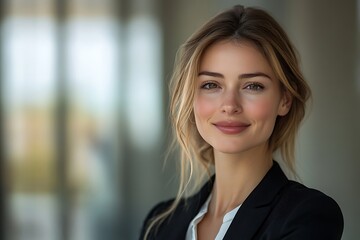 Smiling Woman in Black Blazer, Office Portrait, Executive Success
