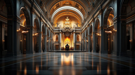 Fototapeta premium Ornate grand hall with high arched ceilings and elaborate decorative elements featuring a prominent throne under golden lighting, reflecting opulence and majesty in classic architectural style.