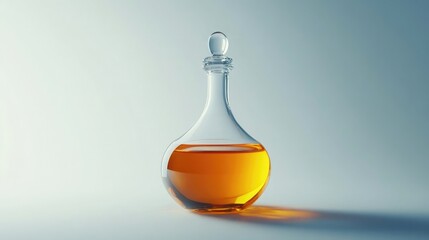 A glass bottle with a round body and a stopper sits on a white surface, filled with a bright amber liquid.
