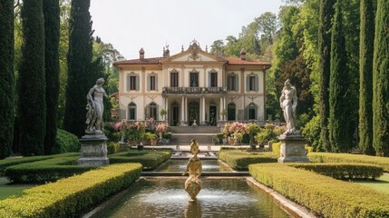 Obraz premium A grand, Italian villa with manicured gardens and a reflecting pool.