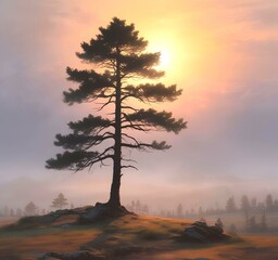 Illustration with sunrise in misty environment with lonely tree.