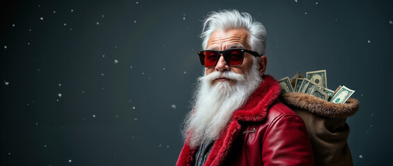 A trendy Santa Claus wearing sunglasses and a red coat, carrying a bag filled with money against a snowy background. Perfect for holiday, Christmas, finance, and winter themed projects.

