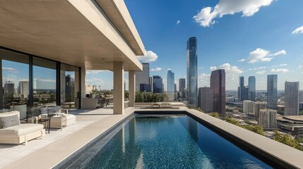A modern rooftop pool with a stunning city skyline in the background.