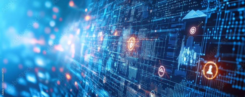 Poster abstract digital interface with glowing data and icons