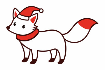 Vector Outline of A cute Arctic Fox wearing a Santa clause hat and scarf on white background.