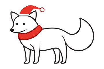  Vector Outline of A cute Arctic Fox wearing a Santa clause hat and scarf on white background.