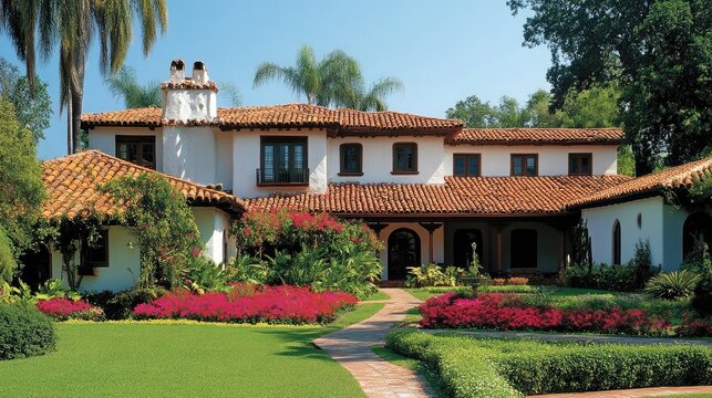 A beautiful white mediterranean style house with a terracotta roof and manicured landscaping.