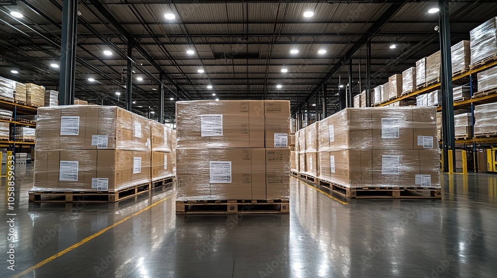 Poster three large boxes stacked on top of each other in warehouse, with more boxes and pallets in the back