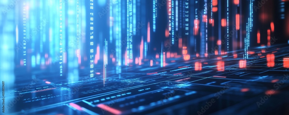 Poster abstract digital data flow with red and blue glowing lines