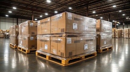 Three large boxes stacked on top of each other in warehouse, with more boxes and pallets in the background