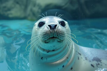 Fototapeta premium Harp seals are roughly 5 feet in length weighing around 260 300 pounds with a sturdy body small flat head and eight pairs of teeth in each jaw