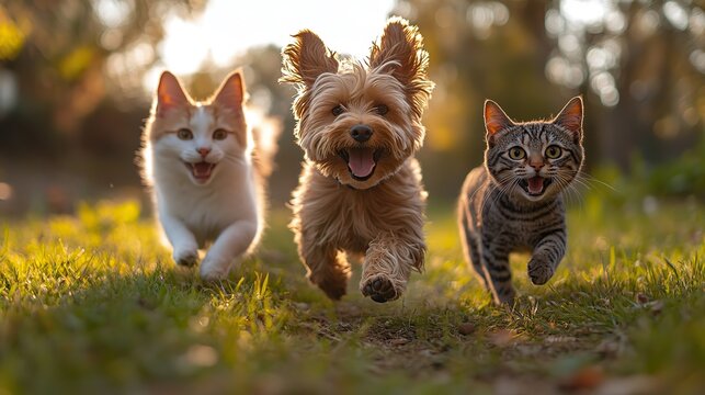 Three playful dogs and one cat running across grassy field, full of energy and joy