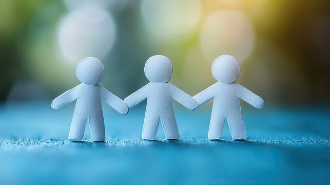 Three white paper figures holding hands on blue background, representing unity and teamwork