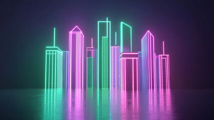 Futuristic cityscape with neon lights reflecting on surface