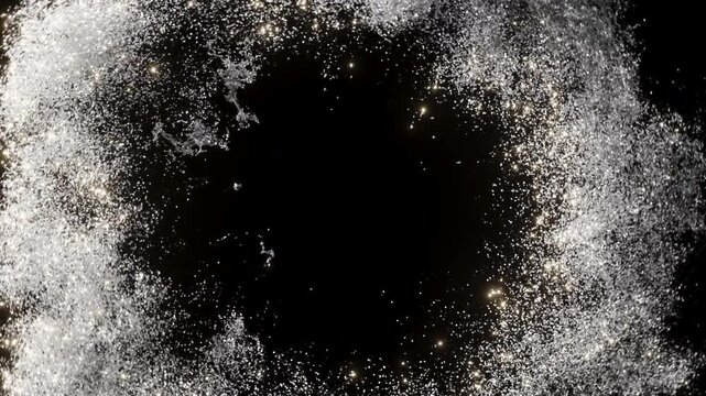 Silver heart shape explosion with silver shiny particles like a smok on a black and dark background. Holiday background.
