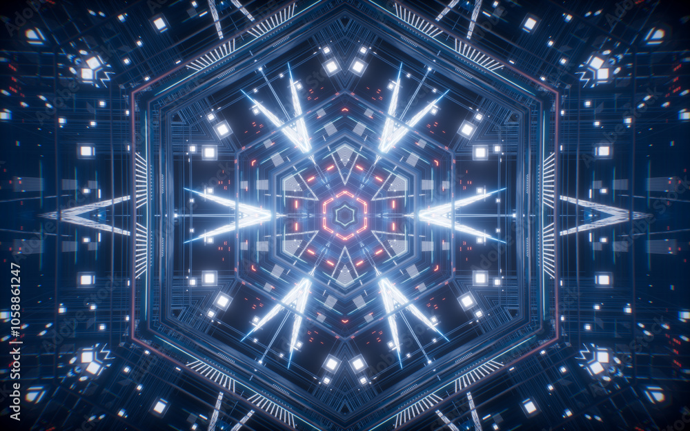 Aufkleber abstract neon kaleidoscope pattern with glowing effects, 3d rendering.