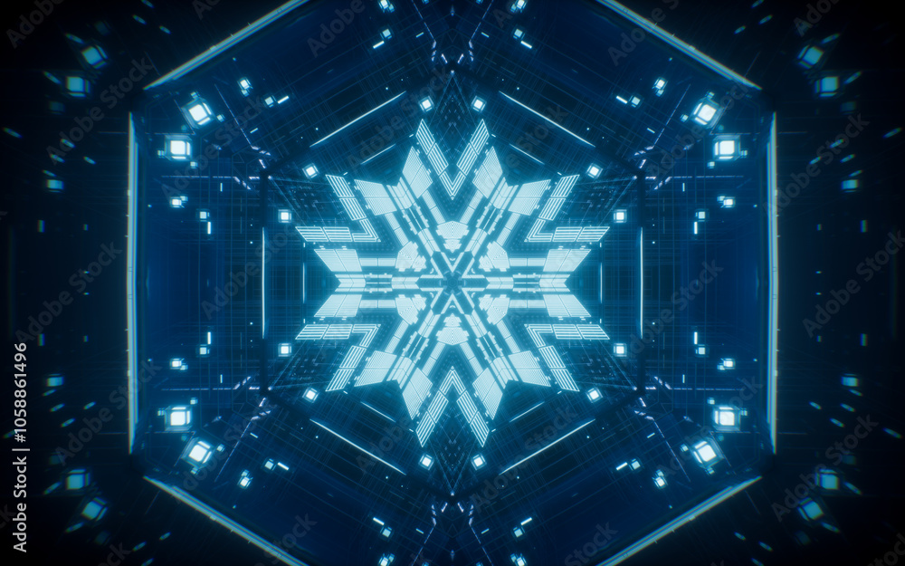 Poster abstract neon kaleidoscope pattern with glowing effects, 3d rendering.