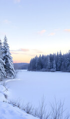 Fototapeta premium A calm winter landscape with snow covered with snow, and a frozen lake under the pastel sky at dawn.