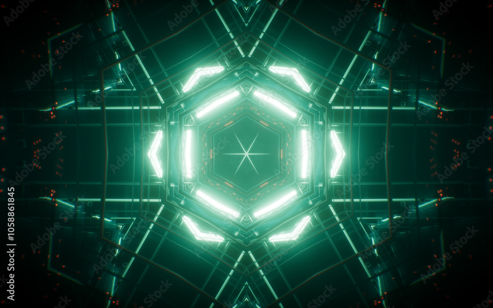 Aufkleber abstract neon kaleidoscope pattern with glowing effects, 3d rendering.