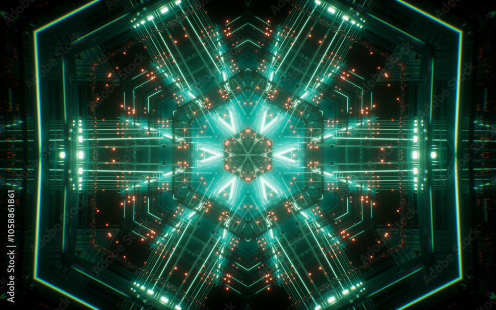 Poster abstract neon kaleidoscope pattern with glowing effects, 3d rendering.