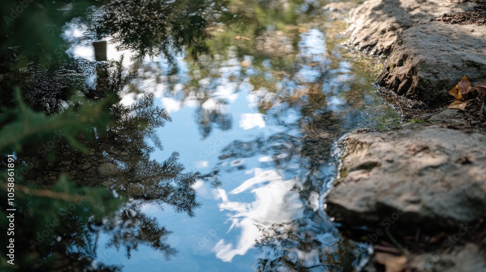 Poster a puddle reflecting the sky and trees on a stone path in a forest.