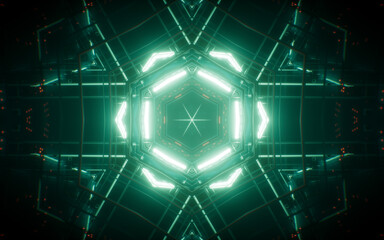 Abstract neon kaleidoscope pattern with glowing effects, 3d rendering.