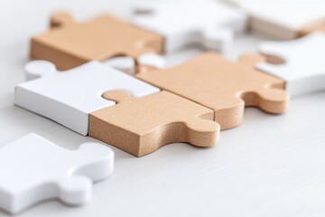 Tan and white puzzle pieces scatter over a smooth surface, inviting the challenge of fitting the distinct shapes together into a coherent whole.