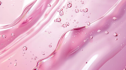 Serum texture on a transparent liquid gel background with a pink backdrop.