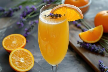 Fototapeta premium Mimosa in champagne glass with orange juice wine lavender orange slices