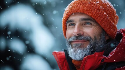 mature man joyfully exploring scenic mountain landscapes in winter, surrounded by snow-capped trees, radiating happiness and a love for the great outdoors