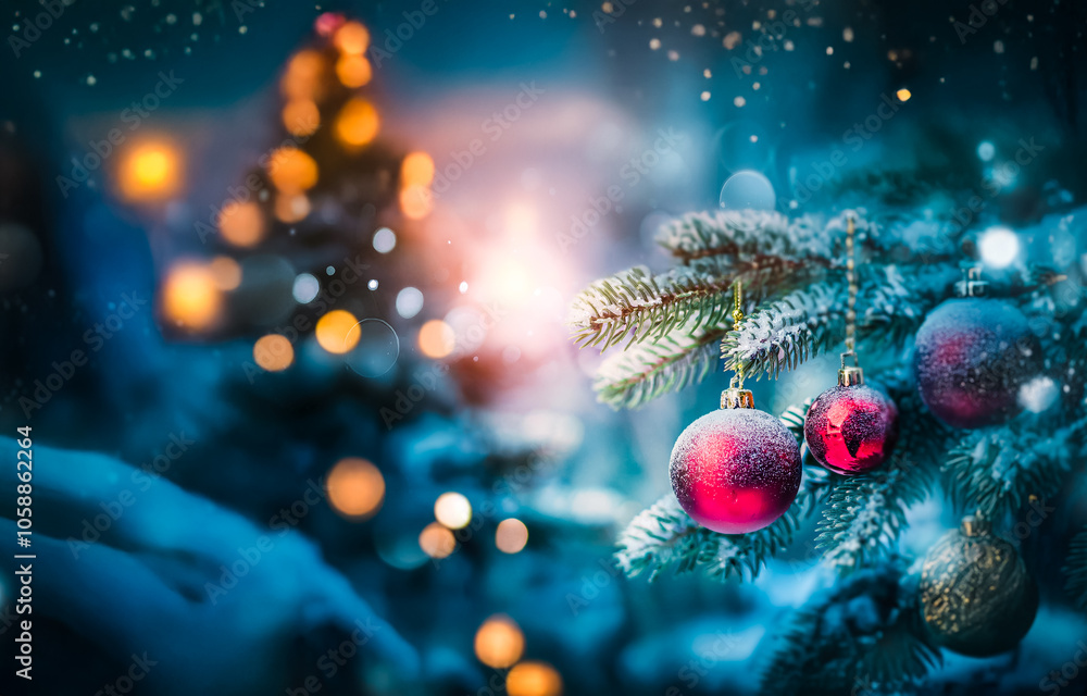 Poster a close-up view of a frosted christmas tree branch with red ornaments hanging on it, with a blurred 