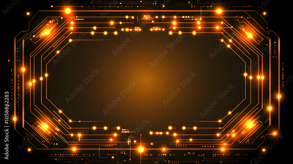 Poster abstract digital circuit board with glowing lines and dots in an octagon frame on a dark background.