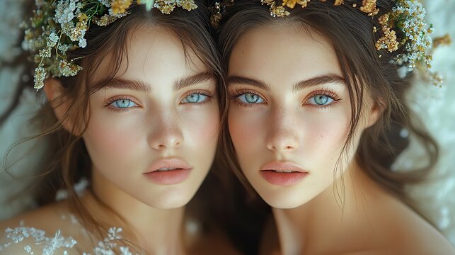 Two fairy princesses with long hair, dressed in elegant outfits, standing among flowers, representing medieval queens or beautiful elves in fantasy spring garden concept
