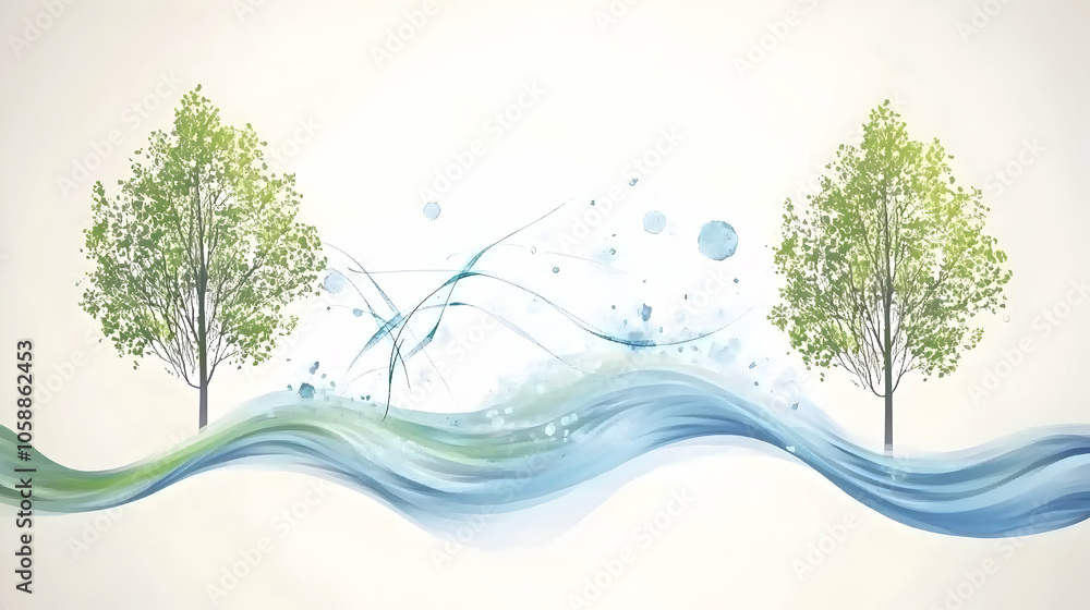 Poster Abstract illustration of two trees with water wave in between.