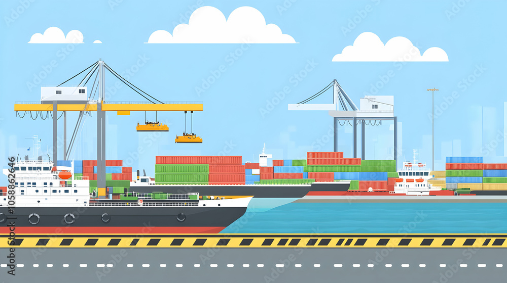 Aufkleber cargo ship docked at a busy port with cranes loading and unloading containers.