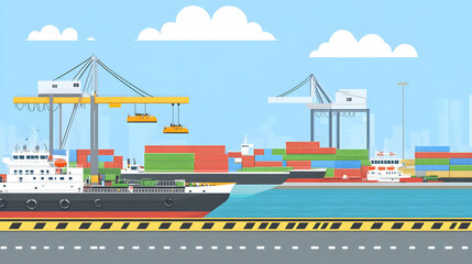 Fototapeta premium Cargo ship docked at a busy port with cranes loading and unloading containers.