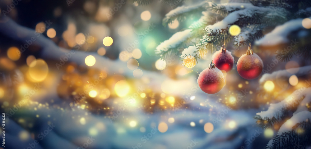 Aufkleber snow-covered pine branches with red christmas ornaments and bokeh lights.