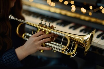 Obraz premium Selective focus on a golden flugelhorn held by a girl at a black piano In the background blurred keyboard Represents creativity