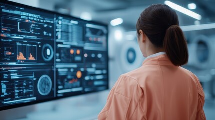 A professional examining data on large screens in a modern laboratory setting.